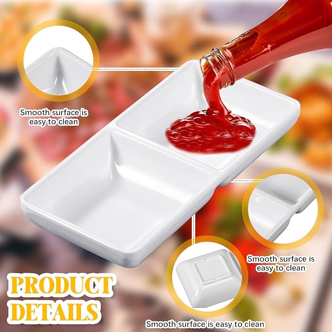 Gejoy 6 Pcs Dual Dipping Sauce Bowls Soy Sauce Dish Bowls Two Compartments Party Trays Divided Fondue Plates for Restaurant Kitchen Sushi Soy (White)