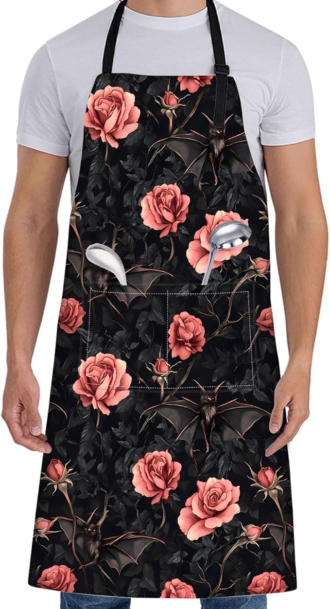 Gothic Apron for Women Men with Bat Rose,28x33in,Goth Kitchen Dark Aprons with 2 Pockets, Oxford Fabric,Halloween Adjustable Apron for Cooking Baking Gardening Chef,Gifts for Mom Wife