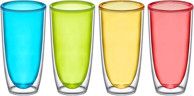 Amazing Abby - Andes - 20-Ounce Insulated Plastic Tumblers (Set of 4), Double-Wall Plastic Drinking Glasses, Mixed-Color Reusable Cups, BPA-Free, Shatter-Proof, Dishwasher-Safe