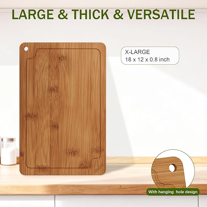 Bamboo Cutting Boards for Kitchen, 17" Large Wood Cutting Board with Juice Grooves & Built-in Handles, Easy Storage & Clean Chopping Board for Meat, Vegetables, Fruit