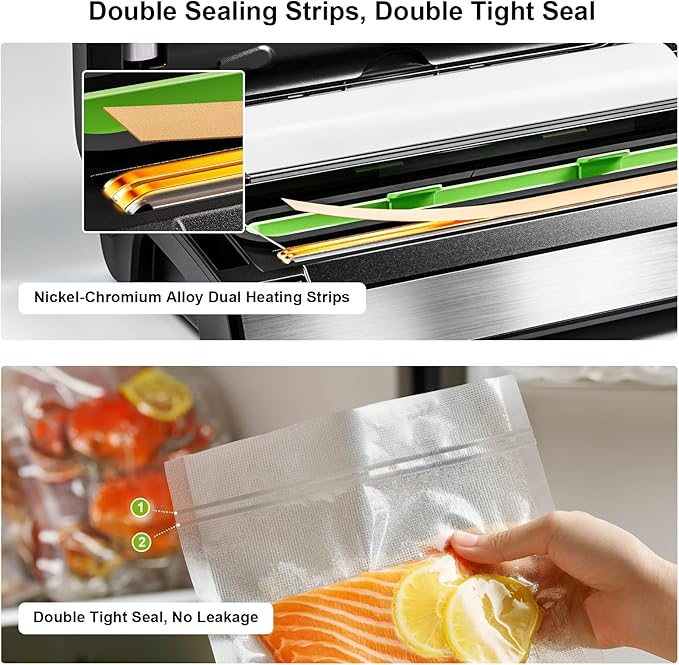 95kPa Precision Vacuum Sealer Machine, Double Heat Seal for Dry/Moist Food, Easy-Lock Handle, Built-in Bag Storage & Cutter, Progress Display, Pulse Mode, Removable Drip Tray, Silver
