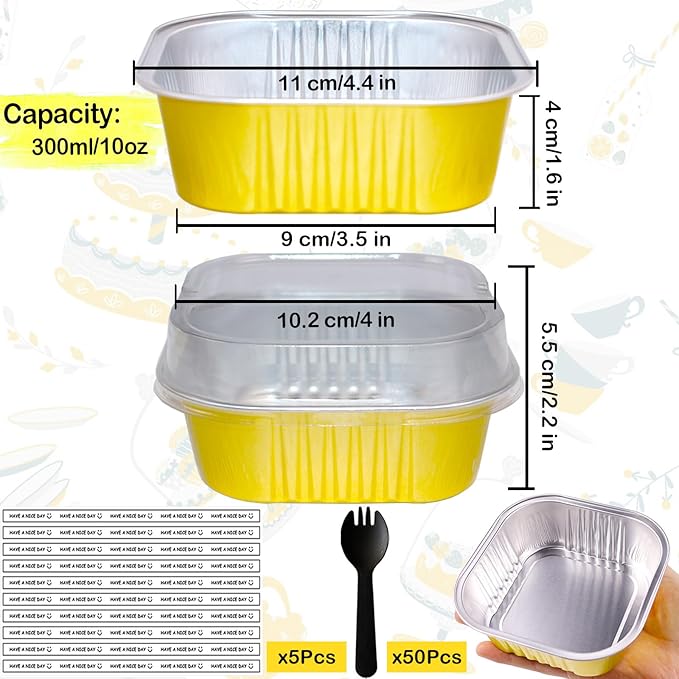 BZIDII 10oz Mini Cake Pans With Lids 50 Pack Aluminum Foil Square Brownie Baking Cups,Disposable Loaf Pans With Lids and Spoons Stickers,Large Cupcake Pans Muffin Tins Cake Container (Gold)