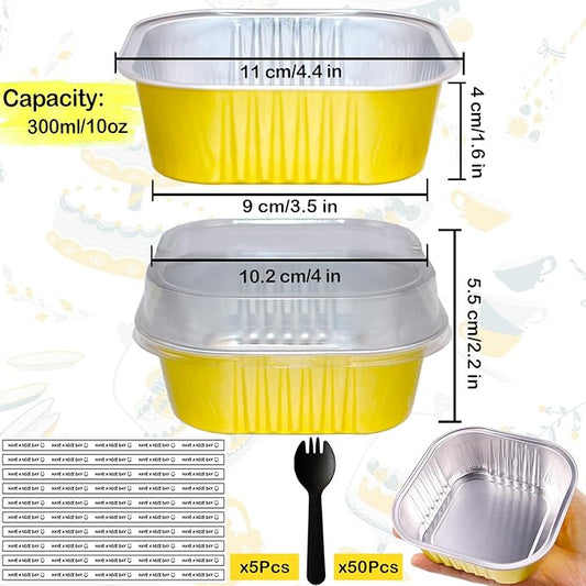 BZIDII 10oz Mini Cake Pans With Lids 50 Pack Aluminum Foil Square Brownie Baking Cups,Disposable Loaf Pans With Lids and Spoons Stickers,Large Cupcake Pans Muffin Tins Cake Container (Gold)