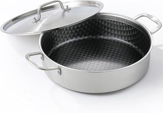 DELARLO 7Quart Tri-Ply Stainless Steel Non Stick Braiser Pan with Lid,Deep Frying Pan,Large Induction Skillet,Jumbo Cooker,Heavy Duty and Oven Safe.Large Saute Pan,Dishwasher and Oven Safe to 550℉