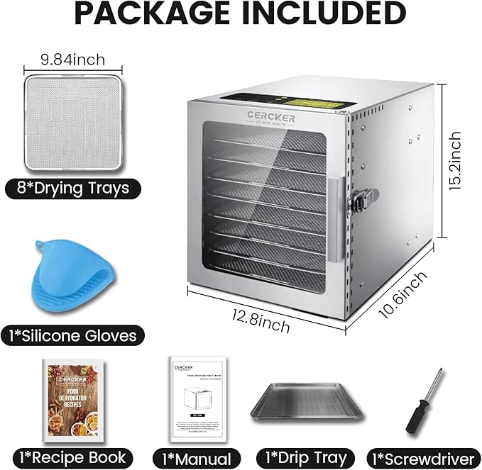 Food-Dehydrator Machine 8 Stainless Steel Trays, 500W Jerky Dehydrator for Meat, 190ºF Mushroom Dryer, 24H Timer Fruits Dryer for Herbs, Veggies, Yogurt & Dog Treats