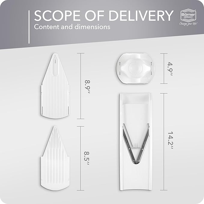 Mandoline Food Slicer Borner V1 (Basic Set) by Reston Lloyd • V-Slicer with Food Holder • Made in Germany • Fruit & Vegetable Chopper • Multiple Settings • Color: White
