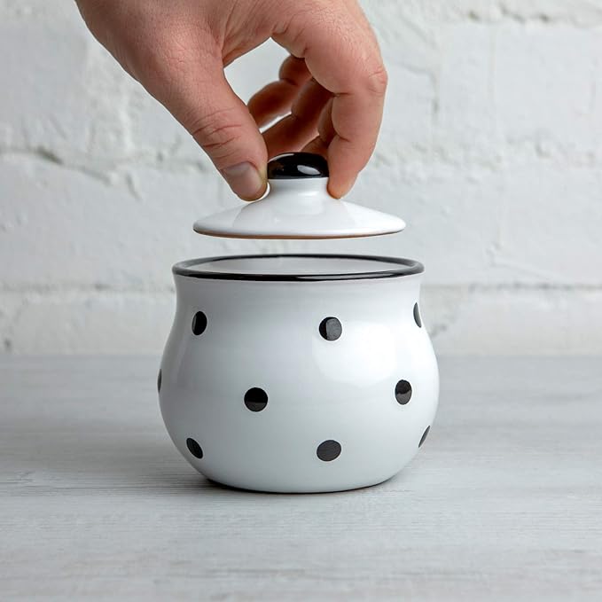 City to Cottage Ceramic Sugar Bowl with Lid, 10oz Sugar Contanier for Coffee Bar, Sugar Dispenser Bowl, Salt - Condiment Pot for Kitchen Counter, Handcrafted White and Black Polka Dot Sugar Jar