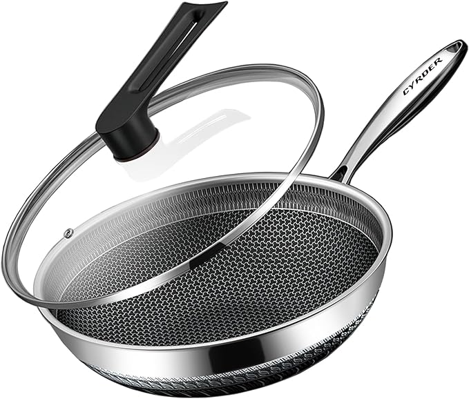 Cyrder Hybrid Nonstick 12.5Inch 316 Stainless Steel Pan, PFOA Free Wok, Dishwasher Oven Safe, Stay Cool Handle Skillet, Works with Induction Cooktop/Ceramic/Gas/Electric Stovetop