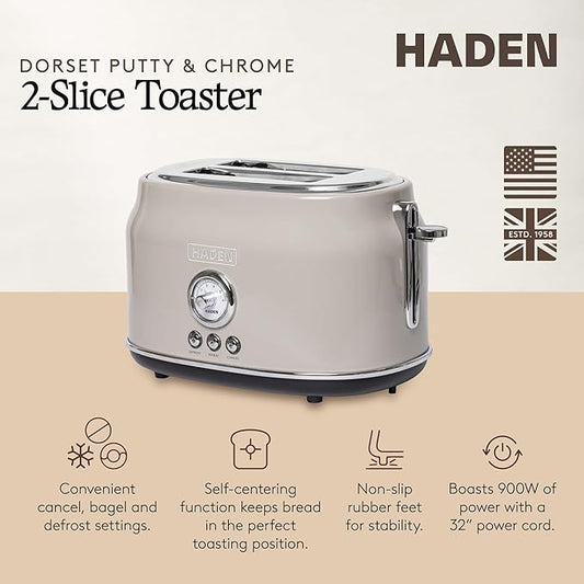 Haden Dorset 2 Slice Wide Slot Stainless Steel Toaster with Adjustable Browning Control & Non-Slip Feet, Putty & Chrome