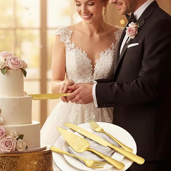 4 Pieces Wedding Cake Cutting Set Knife and Forks Set Wedding Cake Knife and Server Set Sliver Forks Engraved Mr. and Mrs.for Engagements, Anniversaries, Bride and Groom (GOLD GROOM&BRIDE)