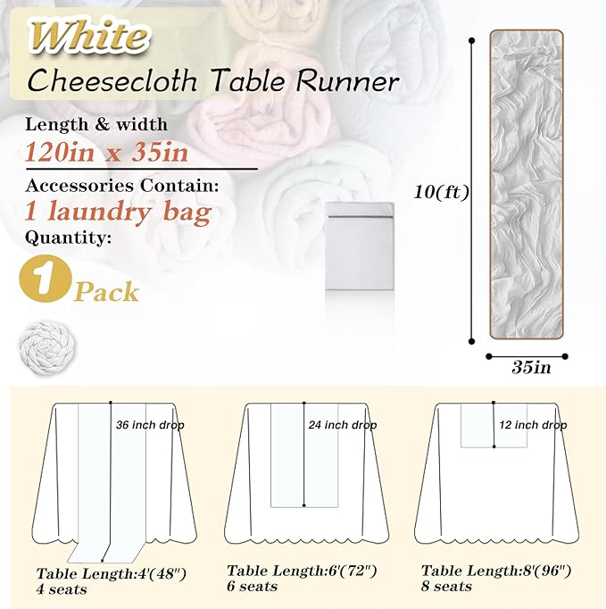 White Cheesecloth Table Runner 1 Pack 35" Boho Gauze 120 inches Long Runner Rustic Sheer Fabric Bulk for Baby Shower Wedding Bridal Birthday Party Picnic Table Decorations