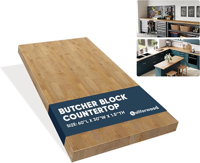 60''L x 30''W x 1.5''Th Hevea Light Brown Premium Solid Wood Butcher Block Countertop, Butcher Block Table Top for DIY Washer Dryer/Island/Kitchen Countertop (Finished)