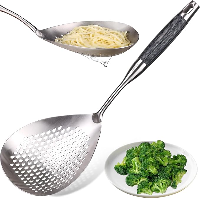 Skimmer Slotted Spoon -16.5in 304 Stainless Steel Pasta Spider Strainer Skimmer Ladle Spoon for Cooking and Frying - Kitchen Metal Scoop Colander Strainer Spoon with Heat Resistant Black Wooden Handle