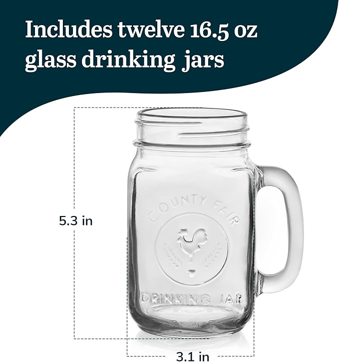 Libbey County Fair Set of 12 Mason Drinking Jars with Handles, Classic 16.5 oz Glass Mason Jar Mugs w/Top, Drinking Glass Jar for Cocktail, and More