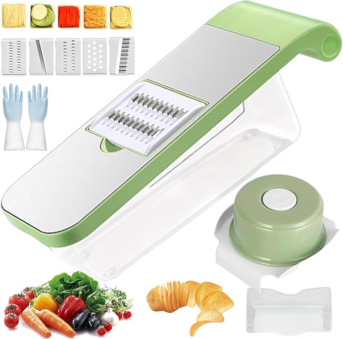 Multifunctional Vegetable Cutter, Multi-Function Vegetable Cutters, Portable Adjustable Safe Vegetable Mandoline Cucumber Potato Lettuce Carrot Shredder Chip Peeler Slicer, with Blades (5 Blade+1 Box)