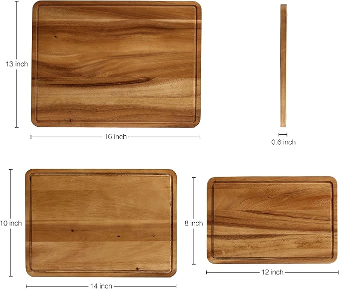 Sango Acacia Cutting Board Set with Juice Grooves and Stand, 3-Piece- Wood Chopping Boards, Stackable & Reversible for Kitchen, Non-Toxic, Perfect as Butcher Block Countertop, Atelier