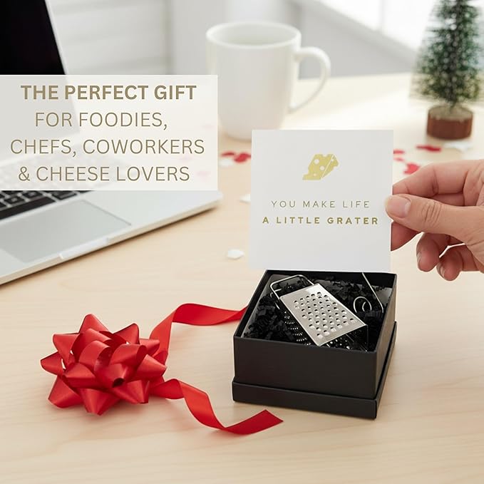 Mini Cheese Grater Gift Set - Funny Chef Gift for Friends, Coworkers, or Foodies | “You Make Life a Little Grater” Card & Gift Box | Stainless Steel Kitchen Tool Ornament | Studio Rockwood