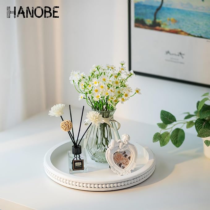 Hanobe Decorative Coffee Table Tray: White Beaded Round Serving Tray Modern Farmhouse Wooden Circle Centerpiece Tray Decor for Home Living Dining Room Kitchen Counter Bathroom