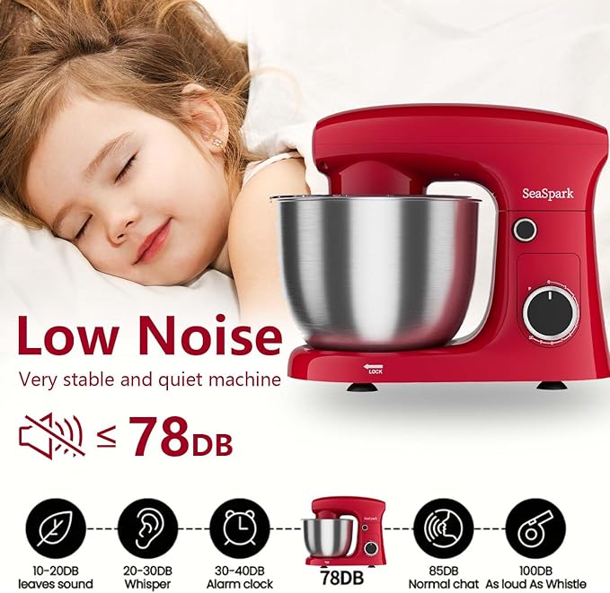 SeaSpark Stand Mixer, 3 in 1 Stand Mixer, 5.5Qt Electric Mixer, Mixer with Stainless Dough Hook, Wire Whip & Beater, Food Mixer for Baking, Cake and Most Home Cooks, Red