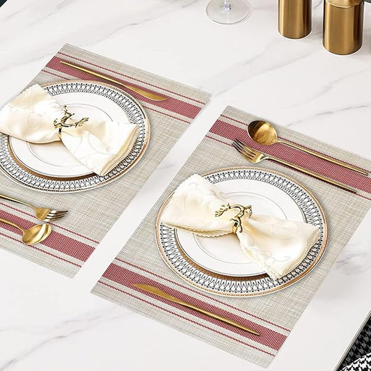 DACHUI Placemats Set of 8, Soft & Elegant Woven Vinyl Place Mats, Water Resistant, Heat Resistant, Washable, Durable Table Mats (Red Stripes)