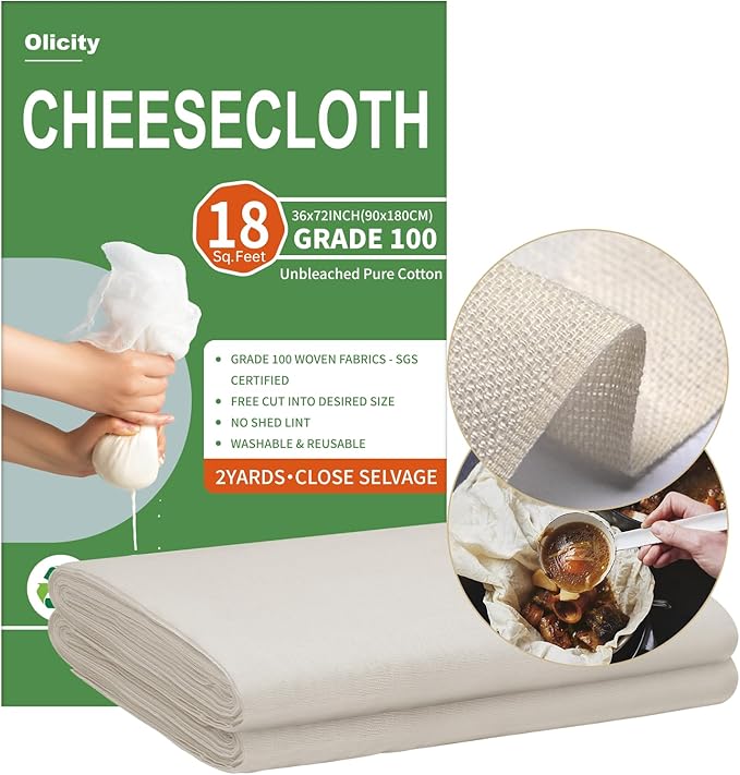 Olicity Cheese Cloths, Grade 100, 18 Sq Feet, Reusable Cheese Cloth with Closed Edges Fabric Fine Mesh Cloth,Unbleached Cotton Muslin Cheesecloth for Straining,Cooking, Juicing,Cheese,Crafts - 2 Yards