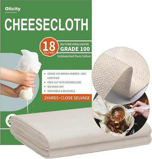 Olicity Cheese Cloths, Grade 100, 18 Sq Feet, Reusable Cheese Cloth with Closed Edges Fabric Fine Mesh Cloth,Unbleached Cotton Muslin Cheesecloth for Straining,Cooking, Juicing,Cheese,Crafts - 2 Yards