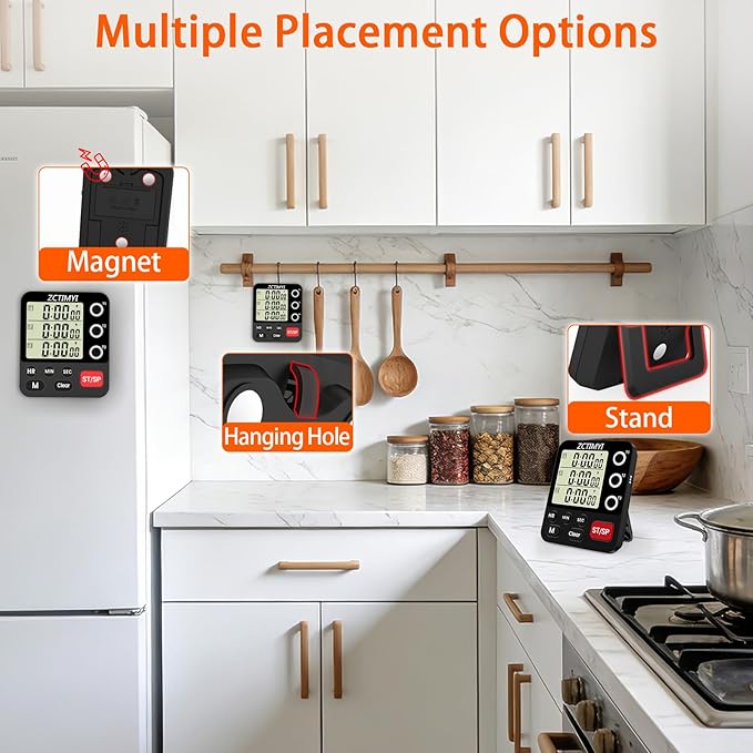 Digital Dual Kitchen Timer, 3 Channels Count Down/Up Multi Timer with Memory-Preset Magnetic Back & Large Display Adjustable Alarm Volume, Suit for Food Cooking, Black