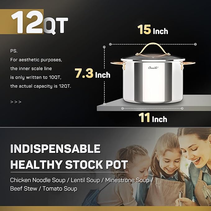 Ciwete Stock Pot 12 Quart, 18/10 Tri-Ply Stainless Steel All Clad Stock Pot with Lid, Seamless 12 QT Cooking Pot with Copper Handle, Healthy Stockpots, Induction, Gas, Oven and Dishwasher Safe