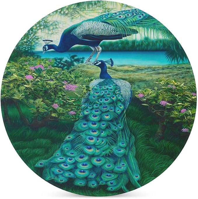 Round-4PCS Peacock Drink Coasters, Round Modern Ceramic Absorbent Coasters, Vintage Tree Branch Beautiful Plant Floral Green Peacock Decor Desk Coffee Table Coaster for Beverage Cup Tea Coasters