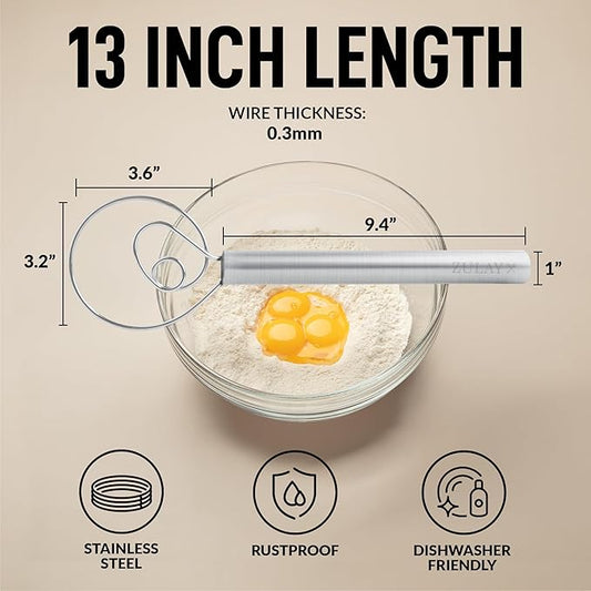 Zulay Kitchen 13-Inch Danish Dough Whisk - Stainless Steel Danish Whisk for Cooking with Single Eye Dough Hook - Traditional Dutch Whisk - Bread Whisk for Sourdough, Pizza, Pastry, Batter - 2 Pack