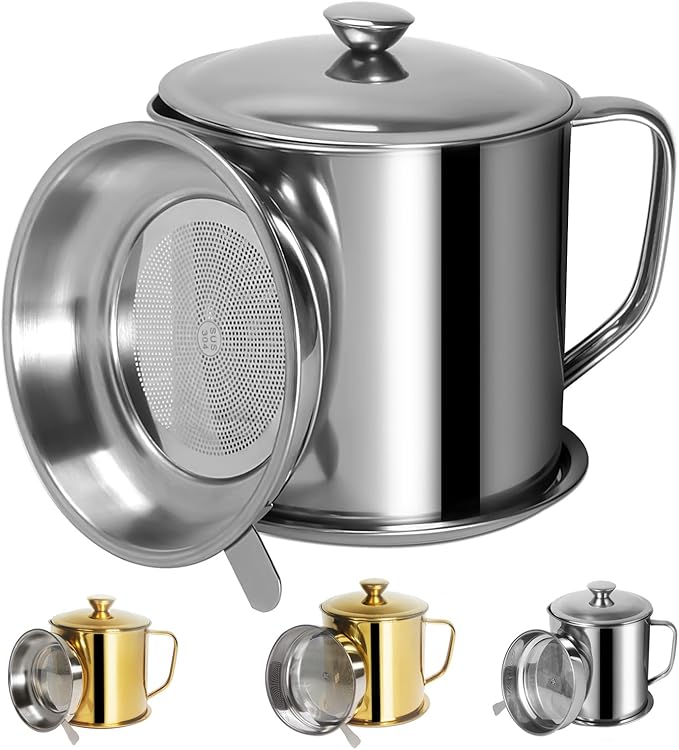 Tellshun Bacon Grease Container with Strainer 1.25 L / 42 oz Strong Kitchen Catcher Food-grade Stainless Steel Cooking Oil Keeper with Lid and Easy-Grip Handle Suitable for Storing Frying Oil