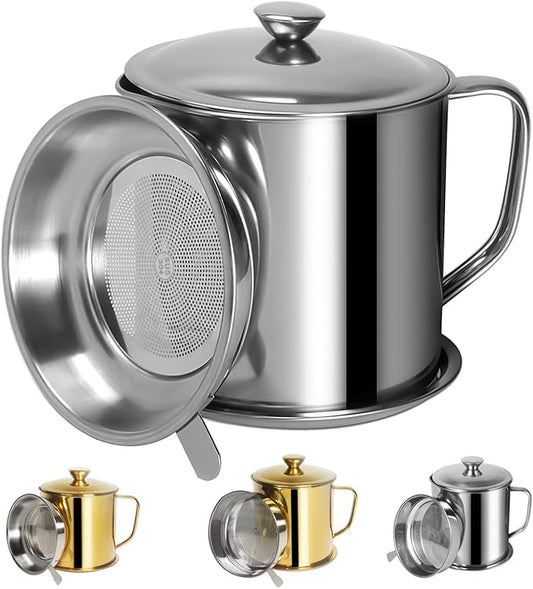 Tellshun Bacon Grease Container with Strainer 1.25 L / 42 oz Strong Kitchen Catcher Food-grade Stainless Steel Cooking Oil Keeper with Lid and Easy-Grip Handle Suitable for Storing Frying Oil