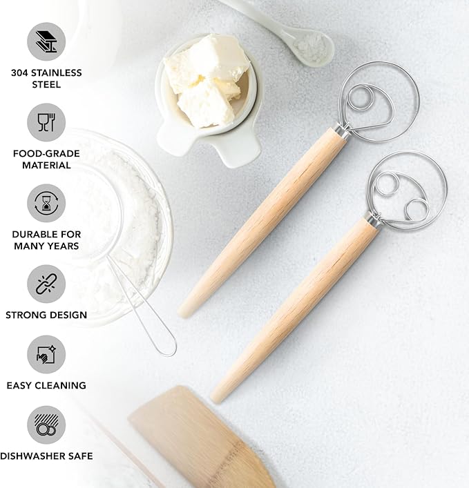 O'Creme Danish Dough Whisk - One Eye Stainless Steel Bread Mixer with Wooden Handle - Sourdough Whisk for Baking Dough, Pizza, Pastries - Food-Grade, Dishwasher Safe