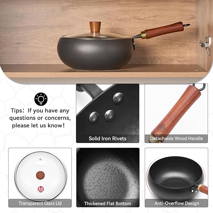 WANGYUANJI 9.5" Carbon Steel Wok - [Heavy-Duty & Thickened Base] - Deep Bowl Stir Fry Pan for Induction, Electric & Gas - Warp-Resistant, Splatter-Free Design with Lid (1-2 Person)