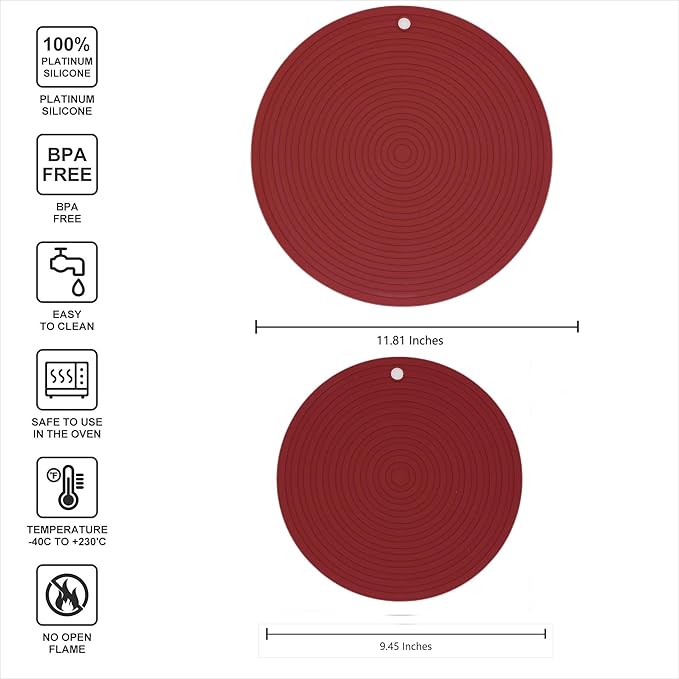 Silicone Trivets for Pots and Pans, Heat Resistant Pot Holders, Flexible Hot Pads for Kitchen Table, Non Slip Mats, Dia11.81 and 9.45 Inches Big Round Microwave Mats Pack 3 Burgundy