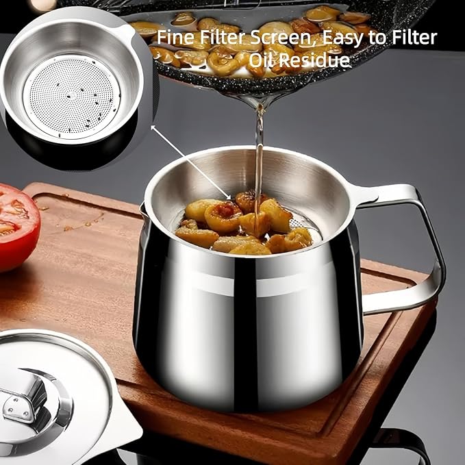 Stainless Steel Bacon Grease Container With Strainer, 2L/68oz Oil Container With Dust-proof Lid For Kitchen Storing Frying Cooking Grease