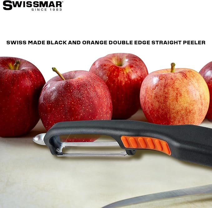 Swissmar Swiss Non-Slip Double Edge Straight Peeler - Easy-Grip Stainless Steel Peeler - Versatile Kitchen Tool, Ideal for Potato Peeler, Veggie Peeler & more - Black & Orange