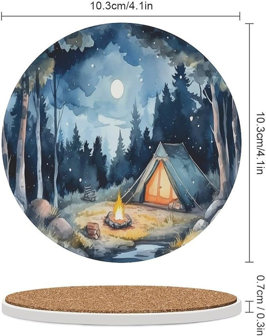 Forest Drink Coasters, Round Ceramic Drink Coaster Round-4PCS, Watercolor Mountain Forest Nature Tree Woodland Camping Decor Absorbent Ceramic Coasters for Beverage Cup, Bar, Coffee Table