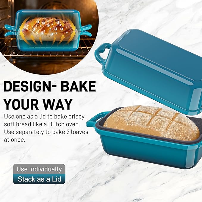 DYCYRQ Enameled Cast Iron Sourdough Bread Dutch Oven, 9x5 Inch Loaf Cast Iron Bread Pan for Homemade Bread Baking, Sourdough Baking Pans, Meatloaf Pan with Lid, 2 Piece set, Emerald