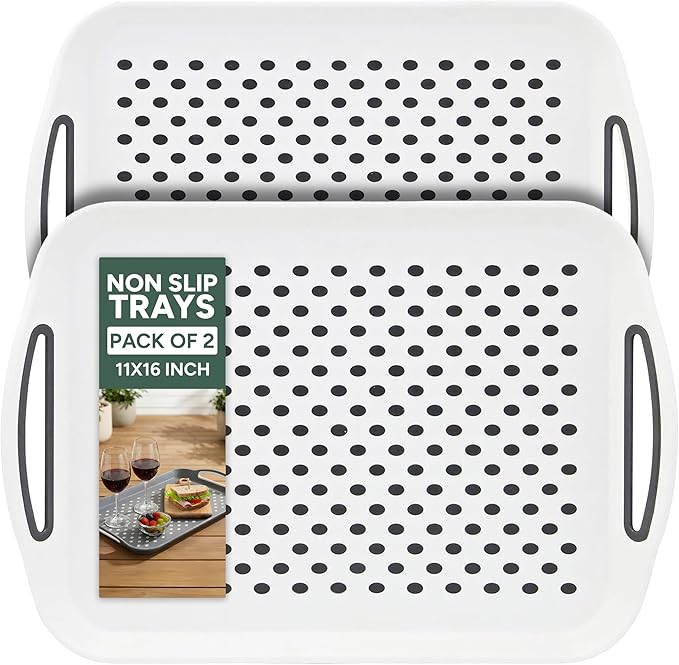 Zuvo Anti-Slip Food Serving Tray with Handles (Set of 2) – BPA-Free Plastic, Lightweight & Durable – Non-Slip Couch Trays for Eating & Drinks (White)