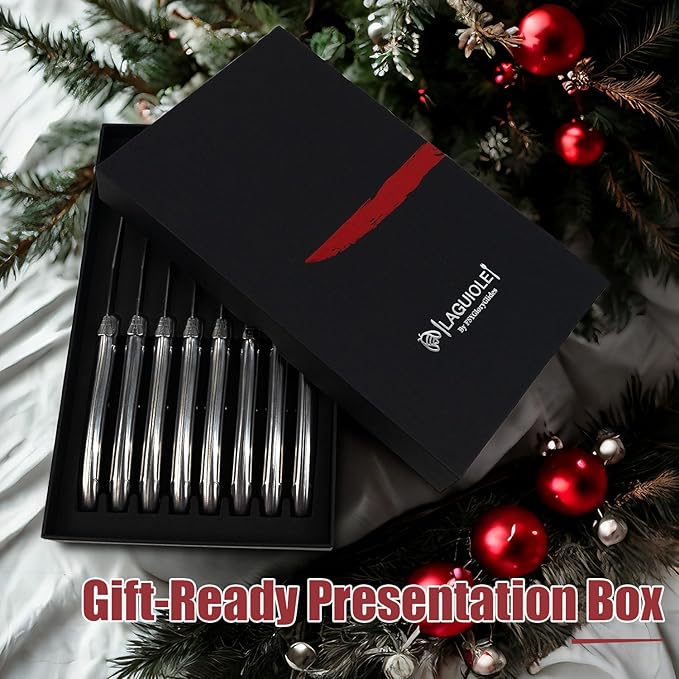 Laguiole Style Steak Knives Set of 8, Serrated Stainless Steel Steak Knife Set, Elegant French Design, Dishwasher Safe, Gift Box for Dinner & BBQ (sliver-8)