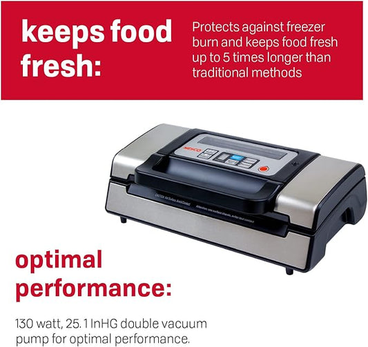 Nesco Deluxe Food VS-12 Vacuum Sealer, 130 Watts, Kit Bags & Viewing Lid, Compact, Silver