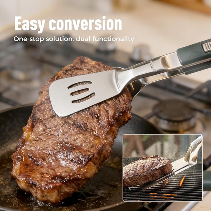2026 New Stainless Steel Grill Clamp, Upgrade 13.3 Inch Anti-Scald Extended Handle Spatula Tong, Multi-Functional Stainless Steel Barbecue Clamp Food for Flipping Steak Fish Bread BBQ Frying (2pcs)