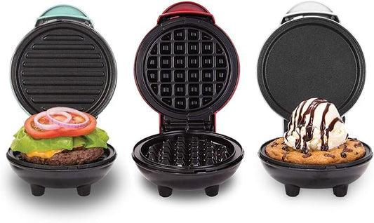 Dash Mini Maker Set - Customized Treat Maker - Supports Multi-Function Cooking - Easy Cleanup and User-Friendly Design - White, Aqua & Red - Waffle, Grill & Griddle Irons