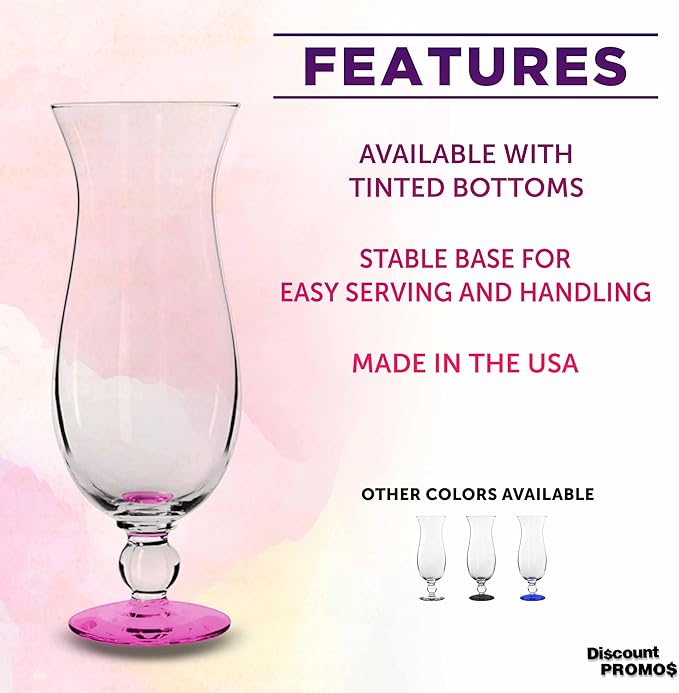 DISCOUNT PROMOS Libbey Hurricane Glasses 16 oz. Set of 12, Bulk Pack - Branded Drinkware for Cocktail, Pina Colada or Mudslide - Pink