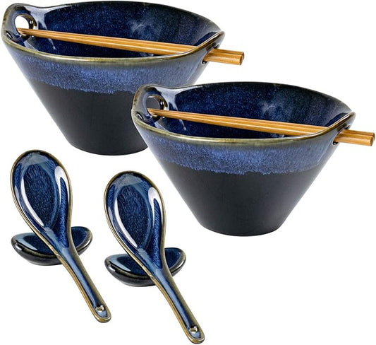 UNICASA Japanese Ramen Bowl Set with Chopsticks, Spoons and Rests, 26oz Deep Porcelain Noodle Bowl Set of 2 for Udon, Pho, Salad, Soup (Reactive Blue)