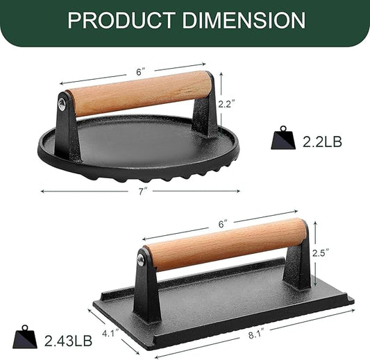 Burger Press, Smash Burger Press for Blackstone Griddle, Heavy Duty Cast Iron Round 7In & Rectangular 8X4In Bacon Grill Press with Wood Handle for Blackstone Camp chef Pitboss Weber Treager