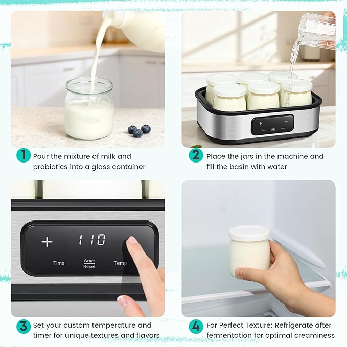 Yogurt Maker with Adjustable Temperature & 48H Timer - 6 Glass Jars for Homemade Probiotic Yogurt, for Family Wellness & Healthy Diet Lovers