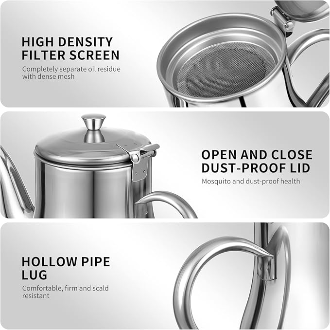 Yardwe Stainless Steel Oil Filter Pot with Fine Mesh Strainer and Lid 18Oz Grease Container for Kitchen Cooking Oil Storage and Straining