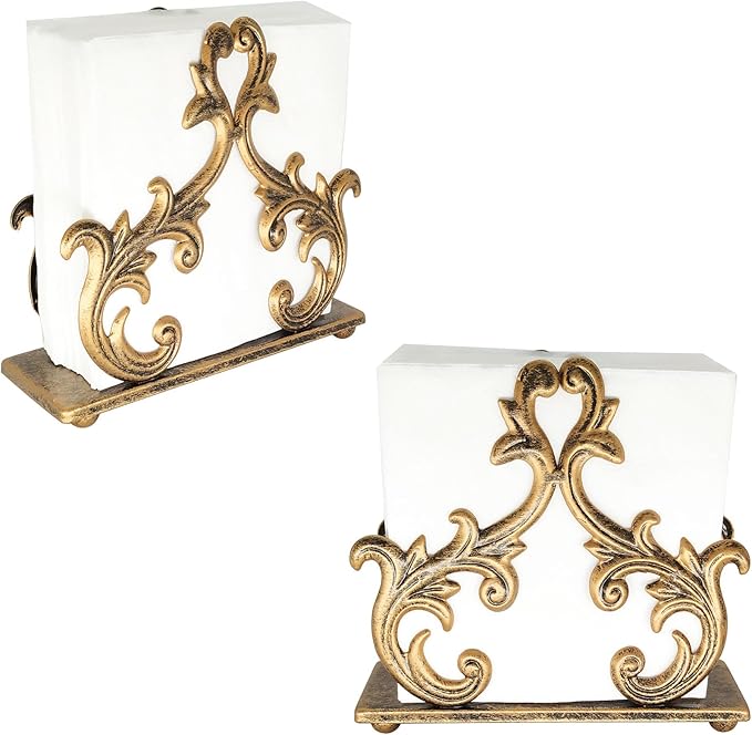 Owlgift Baroque Bronze Napkin Holder Set of 2 – Decorative Metal Tissue Rack for Tabletop, Mail, or Bill Organizer – 6 x 2 x 5.3 Inches, Rustic Finish for Home or Restaurant Use